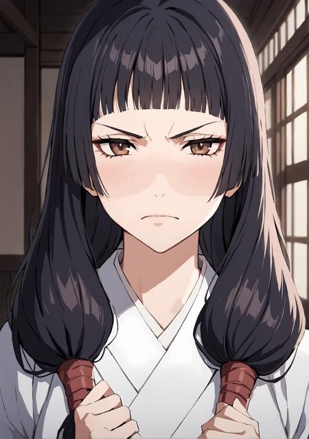 <lora:UtahimeSDXL:0.8>,Utahime, 1girl, brown eyes, black hair, twintails, japanese clothes, long hair, blunt bangs, looking at viewer, kimono, upper body, frown, closed mouth
best quality, masterpiece,