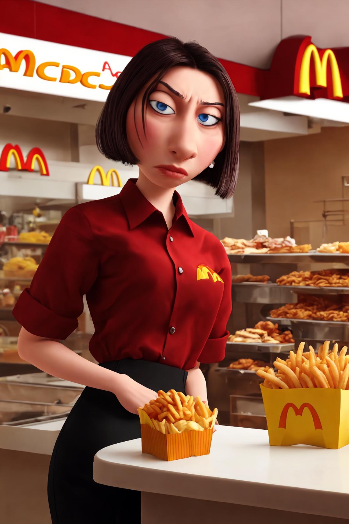 Woman in a red shirt and black skirt stands in front of a McDonald's counter with a box of fries.