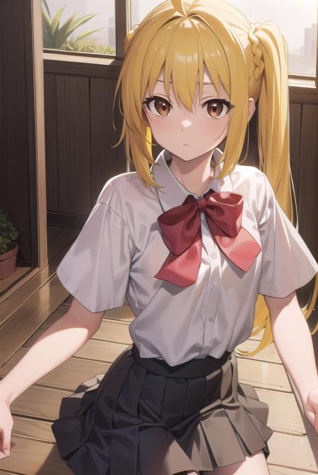 nijikaijichi, <lora:nijikaijichitest:1>, nijika ijichi, ahoge, (yellow hair:1.5), (brown eyes:1.7), long hair, one side up, (flat chest:1.2),
BREAK black skirt, bow, bowtie, collared shirt, pleated skirt, polka dot, polka dot bow, red bow, red bowtie, red footwear, shirt, shoes, short sleeves, skirt, socks, white shirt, white socks,
BREAK looking at viewer,
BREAK indoors, classroom,
BREAK <lora:GoodHands-vanilla:1>, (masterpiece:1.2), best quality, high resolution, unity 8k wallpaper, (illustration:0.8), (beautiful detailed eyes:1.6), extremely detailed face, perfect lighting, extremely detailed CG, (perfect hands, perfect anatomy),