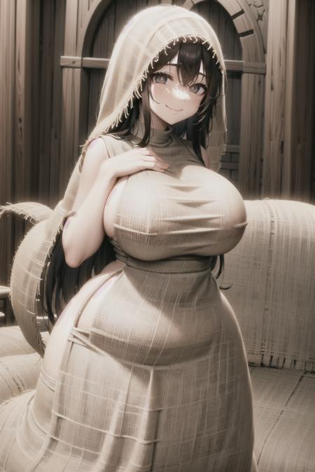 long hair, large breasts, wide hips, (white pupils), smile, (burlap veil), (burlap dress), church <lora:Burlap V2:0.6>