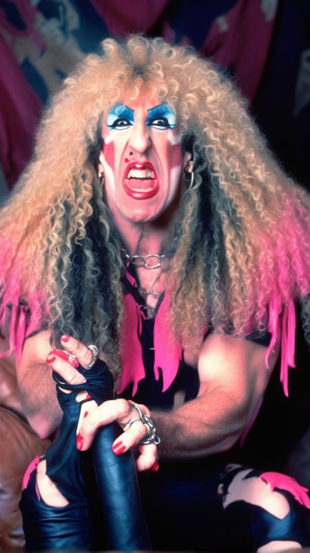 twisted sister dee snider, wearing a turtleneck shirt, sitting on a couch, bokeh, photorealistic, analog film, nikon dslr