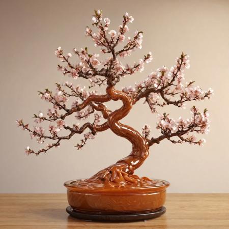 A bonsai plum tree sculpture made of caramel, highly glossy surface, beautifully reflecting light, intricate details of plum branches and blossoms, simple white or light wooden background, warm soft lighting, realistic texture, ultra-high resolution, photorealistic, no people,
caramel, caramel sauce,
8k, score_9, score_8_up, score_7_up,
masterpiece,realistic,ultra detailed, vibrant colors,photo-realistic,