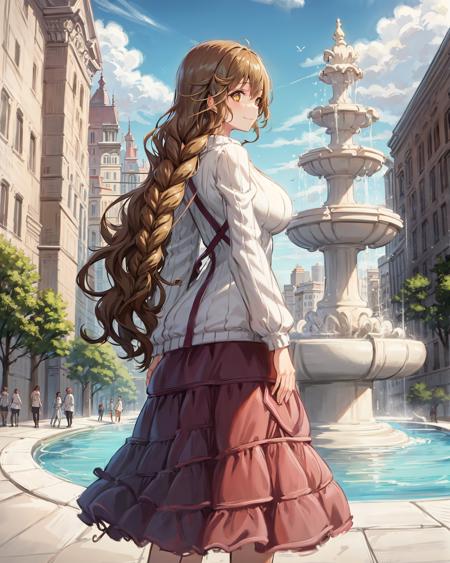 best quality, (masterpiece:1.2), illustration, absurdres,
(1girl, solo), (beautiful detailed girl),
<lora:Cecile-08:0.9>, Cecile Neues, light_brown hair, long hair, single braid, hair over one shoulder, brown eyes, large breasts,
white sweater, long skirt, sandals,
gentle smile,
city marketplace, fountain, buildings, trees, day, sky, clouds, sun,
from behind,