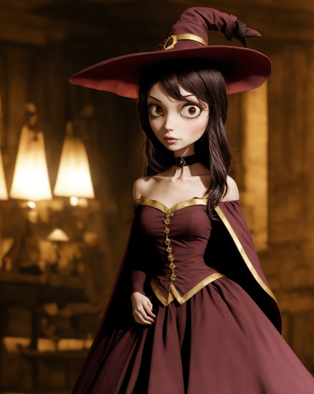 by TimBurton Animation <lora:TimBurton_Animation_offset:1.2>, horror \(theme\), masterpiece, best quality, megumin, 1girl, bare shoulders, black cape, black gloves, black hair, cape, choker, collarbone, dress, hair between eyes, hat, long sleeves, looking at viewer, medium hair, off-shoulder dress, off shoulder, red dress, red eyes, sidelocks, solo, witch hat, indoors