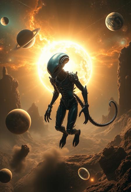 A highly detailed and realistic image of an alien figure composed entirely of planets, cosmic vortices, spaceships, anomalies, and black holes, with a cosmic trail following behind. The scene should capture the essence of depth, intrigue, and grandeur, set against an atmospheric and iconic backdrop. The composition should feature an unexpected and random angle, highlighting intricate details and textures. The image should be aesthetically beautiful, with a high level of detail and realism, as if captured with a 30mm lens at ISO 100, f/2.8, and 1/250s shutter speed. The figure should be in full flight, floating in zero gravity, rendered in high resolution and 4K quality, emphasizing vibrant colors and a sense of motion.