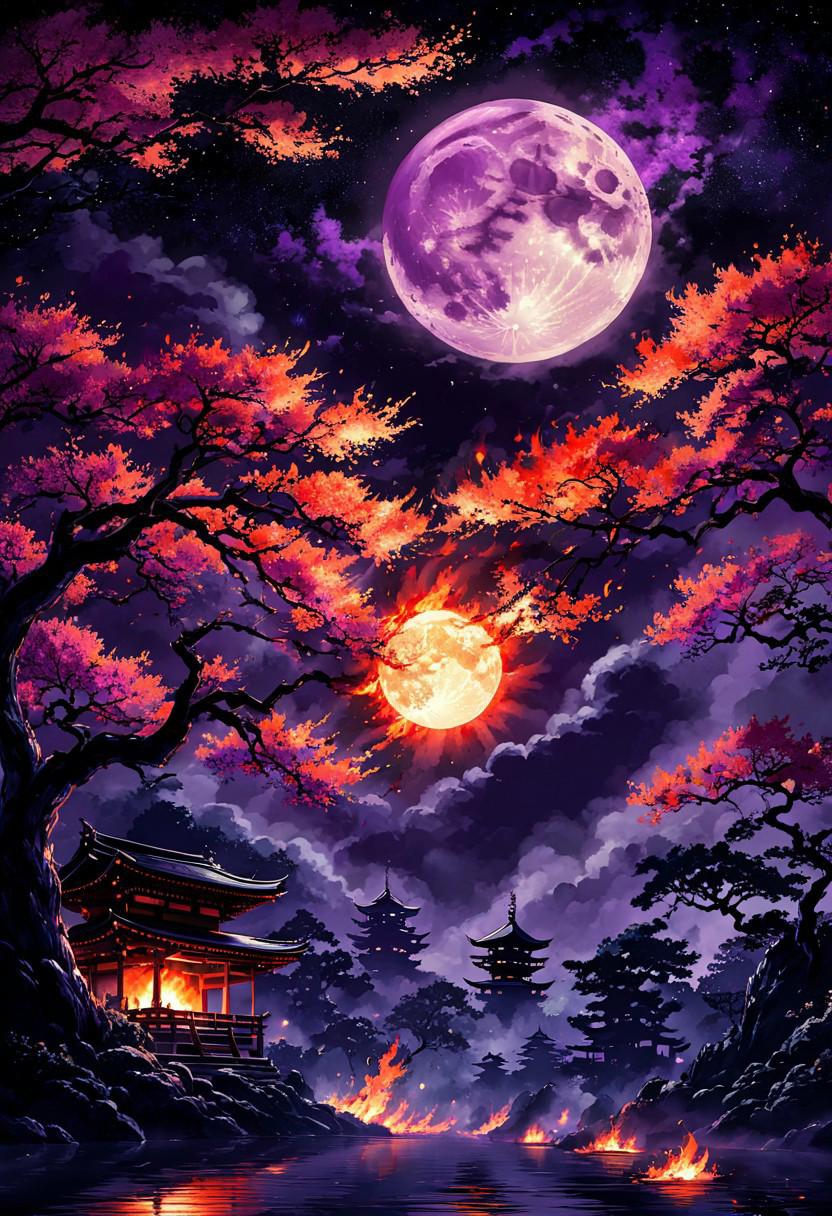 full moon atmosphere, anime, fantasy, night vision, wallpaper, galaxy, tree, night vision wallpaper, in the style of japanese traditional art influence, dark purple, japan art, burning tree in flames, masterpiece, award winning, XP, niji, sharp