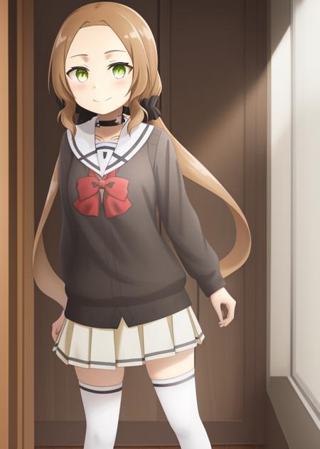 <lora:Inubouzaki_Fuu-10:1>,Inubouzaki_Fuu, 1girl, solo,smile, skirt,brown hair, shirt, thighhighs, long sleeves,bow, twintails,light green eyes, very long hair,school uniform, pleated skirt, shoes, serafuku, choker, miniskirt, bowtie, sailor collar, black footwear, red bow, white thighhighs,low twintails, black choker, white skirt, cardigan, loafers, red bowtie, forehead, white sailor collar