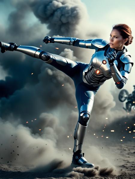 cinematic film still an action shot of a female cyborg with machine body parts and human face, she is wearing upper armor and leggings, posing in zdyna_pose, surrounded by a grey chalk dust cloud, in the war field, (motion blur:1.331), science fiction <lora:!action-sdxl-V0.5:0.8> <lora:ChalkDustStyleSDXL:0.25> <lora:cyborg_style_xl-alpha:0.8>  . shallow depth of field, vignette, highly detailed, high budget, bokeh, cinemascope, moody, epic, gorgeous, film grain, grainy