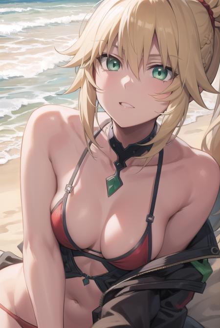 fgomordred, <lyco:mordred-lyco-nochekaiser:1>,
modred, (green eyes:1.5), blonde hair, ponytail, short hair, scrunchie, red scrunchie, hair scrunchie, (small breast:1.2),
BREAK bikini, red bikini, side-tie bikini bottom, strap gap, swimsuit,
BREAK looking at viewer,
BREAK outdoors, beach,
BREAK <lyco:GoodHands-beta2:1>, (masterpiece:1.2), best quality, high resolution, unity 8k wallpaper, (illustration:0.8), (beautiful detailed eyes:1.6), extremely detailed face, perfect lighting, extremely detailed CG, (perfect hands, perfect anatomy),