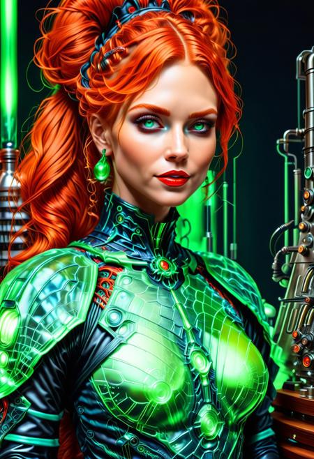 Necron, electricity, green glow, green theme, (red:1.6), (close up:1.6), Stable_Yogis_PDXL_Positives, (Victorian blouse), Realism_Quality_2xx_By_Stable_Yogi, (anatomically correct:1.6), photo, photo_realistic, 1girl, mature_woman, European, 27 years old, parted_lips, choker, seductive smile, sultry, serious stare, stern look, close-up, eye shadow, makeup, milf, mature female, pureerosface_v1, Expressiveh, intricate_details_xl, natural skin, realistic, hands out of view, red lipstick, makeup, Influencers Deluxe_Lara_Lang, long ponytail, streaked hair, Orange hair, black streaks in her hair, long side bangs, black highlights in bangs, thick lips, mega ponytail, big hair, tall, natural blue eyes, high neck closure, fitness body, toned muscles, high cheekbones, solo, (fully dressed:2), high turtle neck, outdoors, (hands hidden:1.7), short sleeves, closed dress, high neck closure, gentle smile, closed mouth, short puffy sleeves, (laboratory:2), big fluffy hair in all directions.