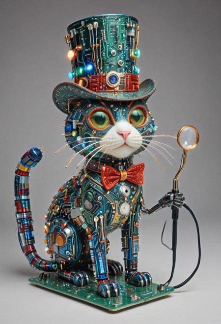 embedding:lazmpos, Transistors, pcb_style, LED, colorful LED lights, RGB lights, red green and blue cat, art deco, top hat, cane, monocle,RetroBG