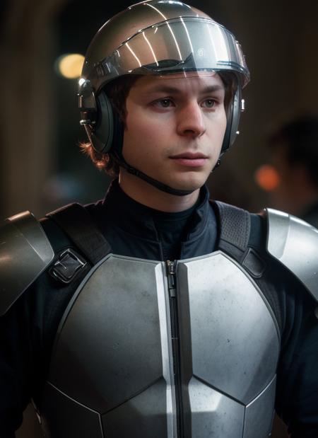 Closeup photograph of  mc1, wearing Armored Suit, Helmet with Visor, Power Gauntlets, Energy Sword, Jet Boots RAW photo, 8k uhd, dslr, soft lighting, high quality, film grain, highly detailed face, ultra detailed, masterpiece quality, Fujifilm XT3, Kodak <lora:MichaelCera:1>