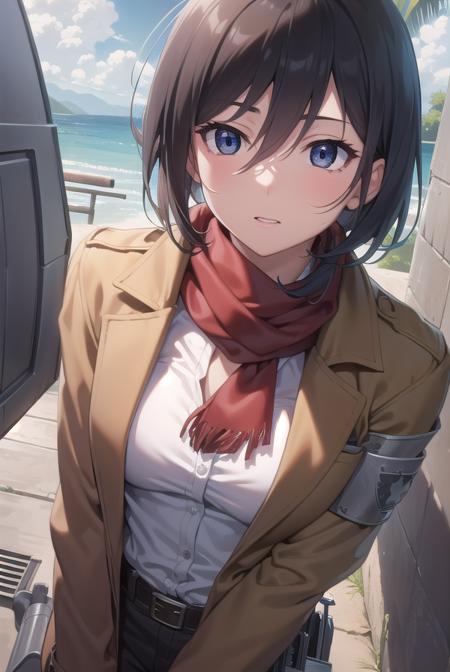 mikasaackerman, <lora:mikasa ackerman-lora-nochekaiser:1>, 
mikasa ackerman, black hair, (black eyes:1.5), hair between eyes, short hair,
BREAK belt, brown jacket, dress shirt, jacket, open clothes, open jacket, pants, paradis military uniform, red scarf, scarf, shirt, strap gap, thigh strap, three-dimensional maneuver gear, white pants, white shirt,
BREAK outdoors, village, nature, forest, grass, sun, sky, trees, clouds,
BREAK looking at viewer, (cowboy shot:1.5),
BREAK <lyco:GoodHands-beta2:1>, (masterpiece:1.2), best quality, high resolution, unity 8k wallpaper, (illustration:0.8), (beautiful detailed eyes:1.6), extremely detailed face, perfect lighting, extremely detailed CG, (perfect hands, perfect anatomy),