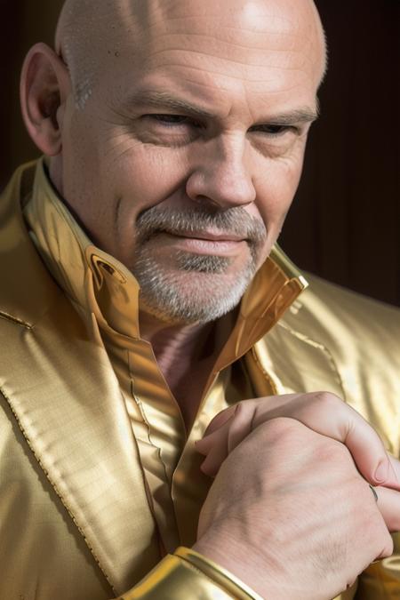 a handsome bald man, in a gold suit, holding up hands with rings, rings on hands, on red martian landscape, (close up), candid, amateur, (raw, 8k, uhd, fujifilm xt3), sharp, cinematic lighting,<lora:joshBrolin:1>