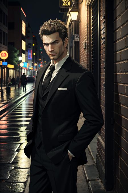 ((ultra detailed, masterpiece, best quality))
 <lora:DeadChuck:0.8>
DeadChuck, 1boy, solo, In an urban alley, tailored suit, city lights reflecting on wet pavement, leaning against a brick wall with a mysterious gaze