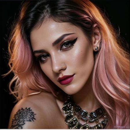 (a cute girl, 22 years old, pale skin ,  pink hair ,skinny:1.1),(big boobs , small nipples, Colombian hipster girl, edgy vibe, dark, mascara, eyeliner, dark cheeks, expressive lips, Unique facial piercings, alluring necklace, stylish sexy streetwear, alluring thighs, aesthetic tattoos on her body, almond shaped eyes, Dimples, strong eyeliner eyes ,Defined jawline, skin pores )
