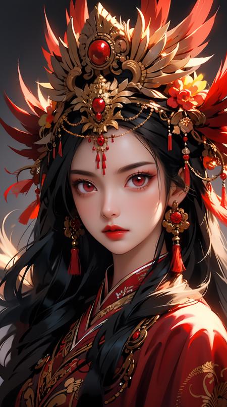 1girl, solo, jewelry, red eyes, earrings, long hair, hair ornament, looking at viewer, feathers, black hair, red lips, makeup, upper body, tassel, chinese clothes, grey background, parted lips, headdress, flower, lipstick, eyelashes, lips<lora:å¤å éå¸:0.6>,the whole body,