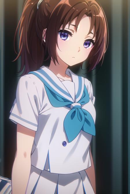 natsukinakagawa, <lora:natsuki nakagawa s2-lora-nochekaiser:1>,
natsuki nakagawa, nakagawa natsuki, long hair, brown hair, (purple eyes:1.2), ponytail, (parted bangs:1.5),
BREAK skirt, shirt, school uniform, white shirt, short sleeves, pleated skirt, serafuku, sailor collar, blue skirt, neckerchief, blue sailor collar, school bag, blue neckerchief, kitauji high school uniform,
BREAK indoors, classroom,
BREAK looking at viewer, (cowboy shot:1.5),
BREAK <lyco:GoodHands-beta2:1>, (masterpiece:1.2), best quality, high resolution, unity 8k wallpaper, (illustration:0.8), (beautiful detailed eyes:1.6), extremely detailed face, perfect lighting, extremely detailed CG, (perfect hands, perfect anatomy),