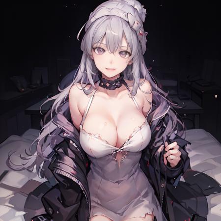 <lora:hella:0.8> best quality, masterpiece, (realistic:1.2),woman, solo,upper body,1girl, white dress, hat, open jacket, beanie, white headwear, off shoulder, purple eyes, smile,  grey jacket, torn clothes, medium breasts, grey hair