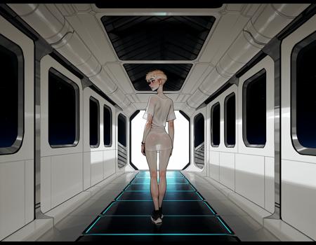 IllustriousQual, detailed face,
very tall woman, solo, very short blonde hair, pixie cut, blue eyes, pale skin, small breasts, very long legs,
on a space station, wearing an oversized t-shirt,
from behind,
<lora:incaseIllustrious:0.8> incase style,