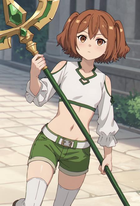 kanne \(sousou no frieren\),brown eyes,brown hair,two side up,crop top,long sleeves,green shorts, white thighhighs
