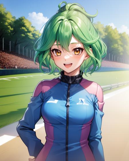 1girl, rin, green hair, short hair, yellow eyes, blue racing costume, zipper, 
outdoors, race track, :D

<lora:Rin v2 e6:0.7>