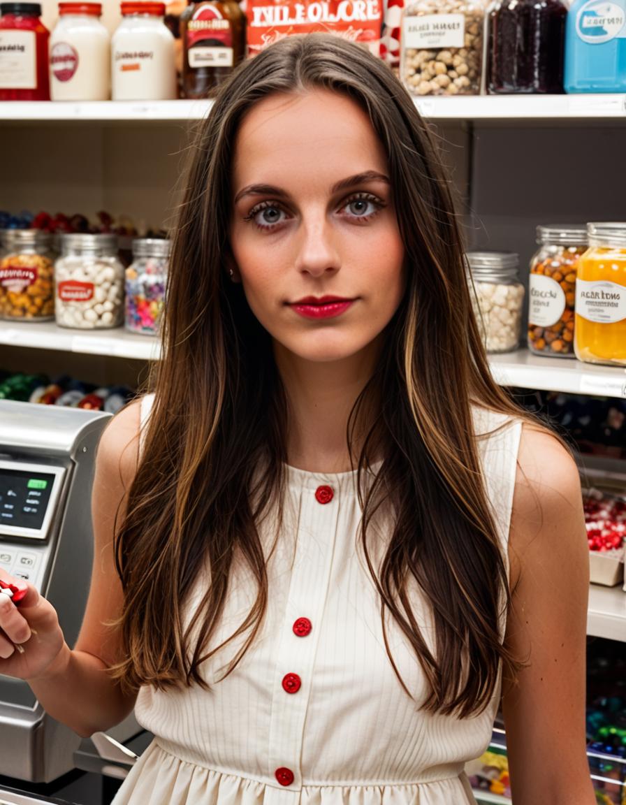 <lora:m1r4mur4t1_Pony_SGX:0.9>,(half shot) photograph of (beautiful 25 year old) (m1r4mur4t1:1.2) woman with dark hair,as a candy store clerk,wearing a white and red stripped dress, standing at the counter in a candy store, holding a large lollypop and her hand, with over the counter shelves full of jars filled with colorful candy and gumballs,an old decorative metal cash register sits on the counter,general store,face focus,(bokeh),facing viewer,score_9,score_8_up,source_photo,rich details,clear shadows and highlights,realistic,intense,highly detailed,front view,face_focus,looking_at_viewer,