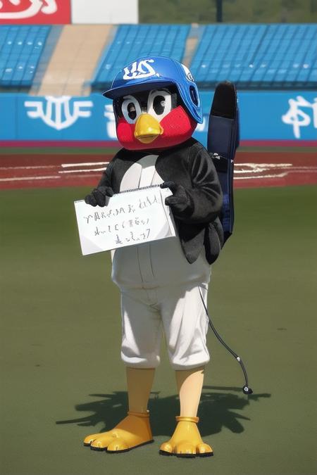 masterpiece, best quality, ultra-detailed, illustration,
tsuba9rou, mascot, sign, holding, holding sign, dirty, full body, baseball cap, black eyes, stadium, helmet, standing, outdoors, dirty clothes, grass, blurry background, beak, 
 <lora:Tsubakurou_V1_1.0_MIDD:1>