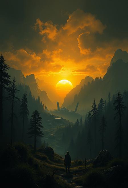 A golden sunset over a futuristic eco-village, nestled within a wild, untouched forest, dramatic realism, dark fantasy atmosphere, solitary figures, painterly brushwork, intense chiaroscuro lighting, surreal mythic undertones, introspective mood, richly textured surfaces, high contrast composition, moody color palette, contemplative poses, narrative portraiture, emotional isolation, symbolic environments, modern classicism, mysterious elegance, epic storytelling, cinematic solitude
