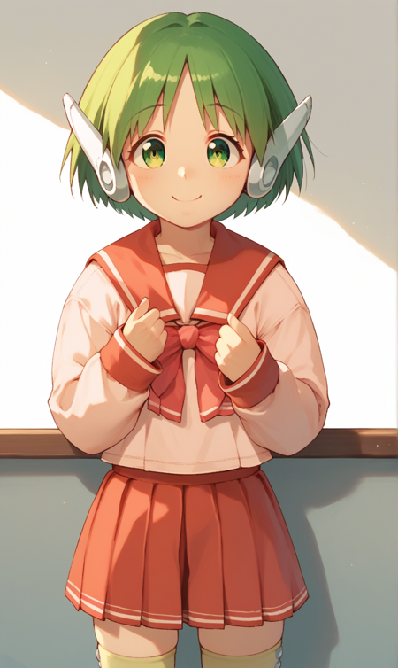 multi \(to heart\), 1girl, solo, green hair, robot ears, serafuku, red skirt, thighhighs, red sailor collar, long sleeves, red bowtie