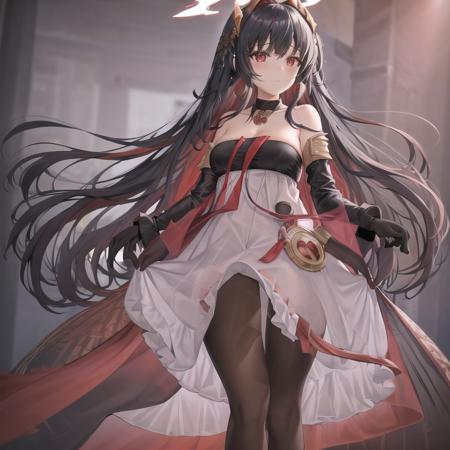 Lucia, 1girl, solo, long hair, breasts, looking at viewer, bangs, black hair, hair ornament, red eyes, gloves, dress, bare shoulders, jewelry, very long hair, closed mouth, , full body, pantyhose, red hair, multicolored hair, earrings, black gloves, elbow gloves, white dress, two-tone hair, gradient, black pantyhose, strapless, 1girl, masterpiece, highest quality, best quality, , highly detailed, best illustration, glowing hair <lora:Lucia-10:0.5>,  halo, nsfw