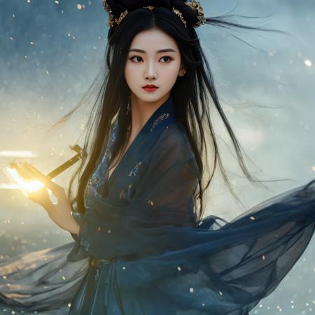 newcn, 1girl, black hair, Ming hanfu, black hair,blue hanfu, lalisaMan1,(Extremely Detailed Oil Painting:0.8), glow effects, godrays, Hand drawn, render, 8k, octane render, cinema 4d, blender, dark, atmospheric 4k ultra detailed, cinematic sensual,