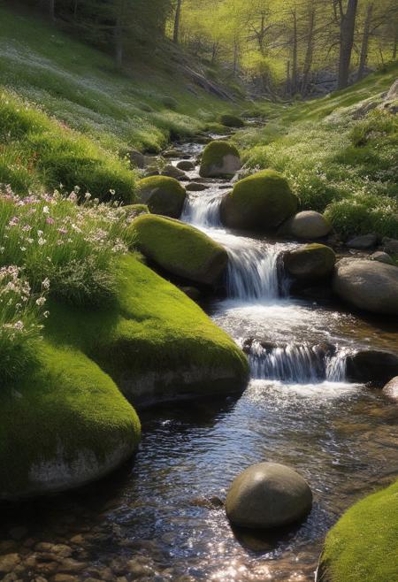 Winding stream, rocky mountainside, large boulders, green meadows, vibrant patches of spring flowers and grasses, close-up of wildflowers, delicate petals, creeping moss on rocks, dappled sun, serene atmosphere, waterfall,  
Intense lighting, bright and evenly lit scene, soft and diffused light, soft and airy tones, joyful and uplifting ambiance, very realistic high-resolution photography