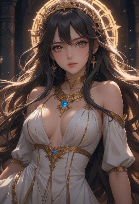 score_9, score_8_up, score_7_up, score_6_up, dynamic, (anime, masterpiece), best quality, (8k), detailed background, sharp focus, intricate, ambient lighting, super high quality, hyper detailed background, cinematic lighting, adult, double tone long hair, medium breasts, verybadimagenegative_v1.3, priestess, laying down