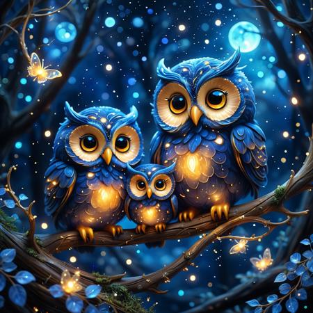 tiny round owls, soft fluffy bodies infused with gentle glowing stardust, perched on twisting glowing branches, warm golden and deep indigo tones, luminous soft feathers like floating fireflies, wide expressive eyes sparkling with nebula reflections, magical cozy night setting, whimsical enchanted forest, floating bioluminescent specks, soft painterly style, gentle warm glow, fairy-tale aesthetics, magical dreamscape, richly detailed, ultra-realistic textures, intricate fantasy details, charming soft lighting, 8K fantasy illustration
