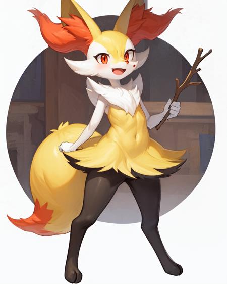 1girl, solo, looking at viewer, smile, open mouth, simple background, red eyes, white background, holding, animal ears, standing, tail, full body, fang, hand up, signature, flat chest, animal ear fluff, fox ears, pokemon (creature), fox tail, happy, fox girl, furry, skin fang, furry female, body fur, white fur, animal nose, snout, stick, yellow fur, black fur, holding stick, digitigrade, multicolored fur , braixen, 8K, masterpiece, beautiful