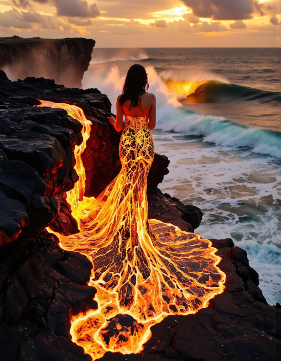 A woman stands on a rugged, black volcanic rock formation by the ocean. She is adorned in a dress that appears to be made of flowing, molten lava, glowing with intense orange and yellow hues. The lava-like dress cascades down the rocks, merging seamlessly with the actual lava flowing from the cliff. The setting sun illuminates the crashing waves and the dramatic cliffs in the background. 