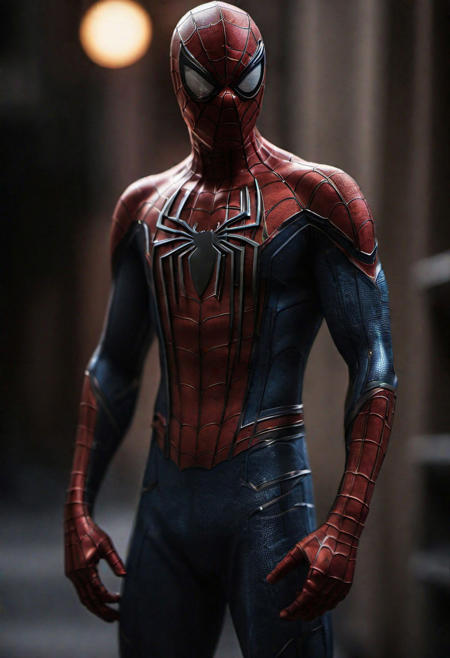 cinematic photo (spiderman), . 35mm photograph, film, full body, bokeh, professional, 4k, highly detailed, realistic, detailed, photo realistic, sharp focus, 8k, Close-up, grim smile, relaxed pose, portrait movie shot, serious, menacing, chiaroscuro style photo, dark background, minimalism, dramatic lighting, professional quality, dull highlights and shadows, natural and  original,