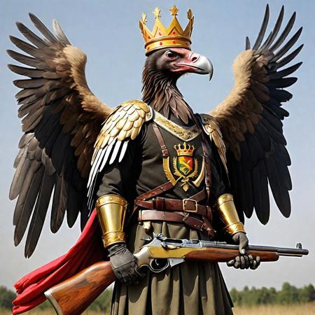 Eagle Vulture hybrid, heraldry crest, Poland, Ethiopia, two hunting spears crossed in the background, holding an ak-47 in it's talons, wearing gold crown,