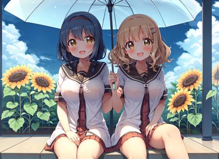 masterpiece, best quality, ultra-detailed, illustration,  <lora:furutani_himawari-v14:0.9>, furutani_himawari, 2girls, :d, barefoot, blonde hair, blue hair, blush, breasts, brown eyes, cloud, collarbone, day, dress, flower, hair ornament, hairband, hairclip, holding, holding umbrella, large breasts, looking at viewer, multiple girls, nanamori school uniform, oomuro_sakurako, open mouth, sailor dress, school uniform, serafuku, shared umbrella, sitting, sky, smile, sunflower, umbrella, water drop, takahero, low twin braids, medium hair