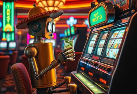 in a casino, at a digital slot machine, a 1930's science fiction robot is playing the slots, cylindrical robot body, cylindrical robot head, tube arms, tube legs, robot claw hands, rectangular robot feet, light bulb eyes, polygraph mouth, the robot is holding a mint mojito drink, the robot is wearing a sombrero,