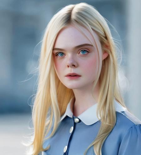 1girl, elle fanning, masterpiece,best quality, photorealistic, detailed, 4k, HDR, short neck, backlighting, light, RAW color photo,photo background, (fully in frame:1.1), detailed skin, pretty nose,simetrical eyes, young woman, blue eyes, 3113fann1ng3