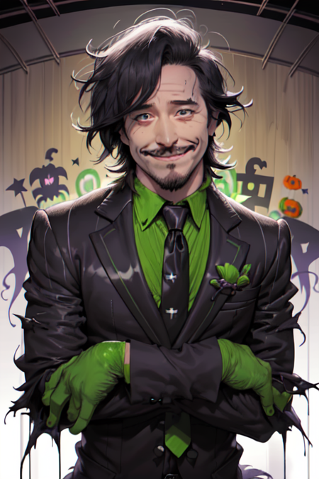 Niji Slime, looking at viewer, smile, shirt, black hair, gloves, long sleeves, 1boy, upper body, male focus, necktie, striped, collared shirt, black eyes, torn clothes, black shirt, facial hair, black necktie, beard, halloween, mustache, stubble <lora:Niji_Slime:1>