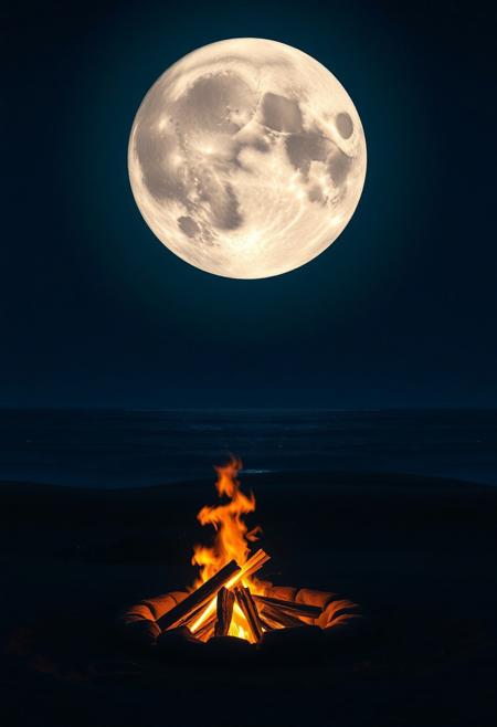 (masterpiece), best quality, expressive eyes, perfect face, vibrant color,
a view of a full moon rising over the ocean with a fire pit, moonscape,the glow of the moonlight, barren moon landscape, moon landscape, by Sebastian Spreng,  lunar landscape, floating in the desert night, moon