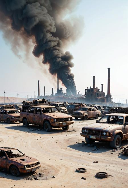 A decrepit human settlement on a barren desert plain, surrounded by makeshift walls of scrap metal and decaying vehicles, smoke billowing from industrial chimneys in the background, evi@decrepPunk atmosphere, detailed textures <lora:evidecrepPunk:0.8>