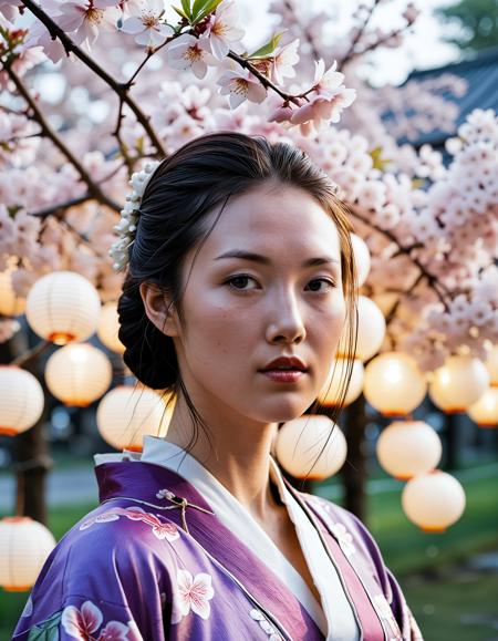 RAW analogue photo of a beautiful woman, Asian woman, dark hair, <lora:Ai_Lotus:0.75>,, <lora:sdxl_crazywhatever-style.safetensors:0.4> <lora:sdxl_muromachi86.safetensors:0.6>,  Ultra-realistic portrait of a geisha standing beneath a canopy of blooming cherry blossoms at dusk, soft paper lantern glow illuminating her ornate purple kimono, shallow depth of field (85 mm f/1.8), subtle film grain, warm backlight highlighting lacquered hairpins.