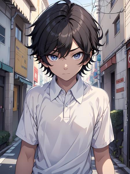 1boy, male, solo, age13, black hair, black eyes, detailed eyes, wearing white polo untucked (short sleeves), wearing blue lanyard, wearing black slux pants, anime, high quality
