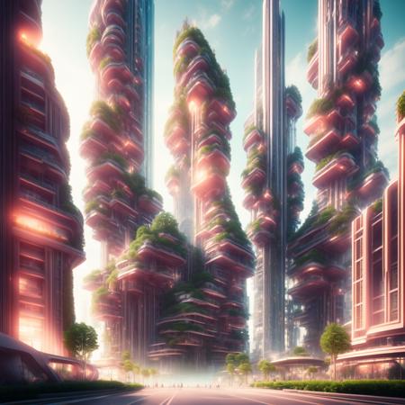 (coralcity style:1) futuristic city, tall buildings, lot of lights, plants growing <lora:djzCoralCityV21:0.8>