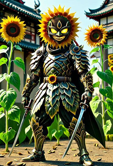 Made of Sunflowers, a sunflower samurai, full body, black skin, red eyes glowing like twin sunflower seeds, standing in vibrant sunflower world, dual-wielding swords with blades shaped like petal edges and hilts wrapped in golden stems, armor crafted from sunflower bark and plated florets, shoulder guards blooming with layered petals, sunflower crown helmet fused with leafy tendrils, yellow round mask resembling a blooming sunflower with delicate pollen accents, sharp fanged grin framed by curled sepals, red hair tied in ponytail with vine-like strands, gloves and sheath embossed with pollen shimmer, standing amidst sunflower-blossomed city resembling Tokio with stalk-like buildings and cherry blossoms replaced by radiant sunflowers, glowing petals drifting in warm breeze, sunflower trees casting golden shadows, dramatic botanical battlefield beneath sunflower moons, poetic fusion of floral elegance and warrior grace, every detail made of sunflowers in an enchanted petal-forged universe
