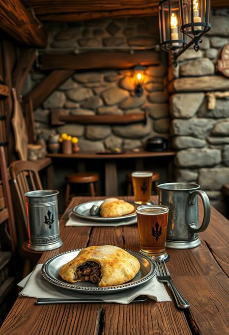 table setting for one on a wooden bar, pewter dishes, just the food of meat pasties and pewter tankards of ale, in the style of a medieval comic book, in a stone medieval tavern